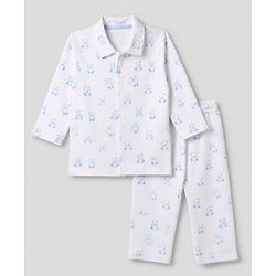 Bonfino 100% Cotton Knit Yarn Dyed Full Sleeves Co-ord Shirt & Pajama Night Suit with Bear Print - White