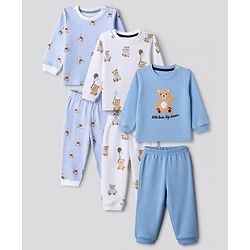 Bonfino Boys 100% Cotton Knit Full Sleeve T-shirt & Jogger Night Suit with Bear Print in Blue White Pack of 3