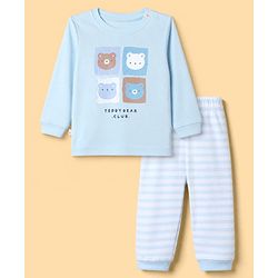 Bonfino 100% Cotton Knit Full Sleeves T-Shirt and Pajama Night Suit with Stripes and Teddy Bear Print - Blue, White