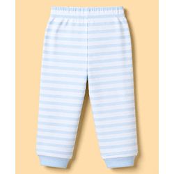 Bonfino 100% Cotton Knit Full Sleeves T-Shirt and Pajama Night Suit with Stripes and Teddy Bear Print - Blue, White