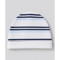 Bonfino 100 % Cotton Knit Yarn Dyed Full Sleeves Striped Teddy Print Sleep Suit with Caps & Bibs - White