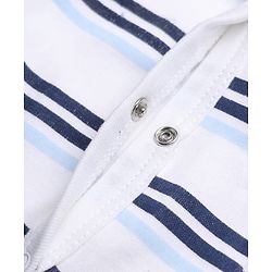 Bonfino 100 % Cotton Knit Yarn Dyed Full Sleeves Striped Teddy Print Sleep Suit with Caps & Bibs - White