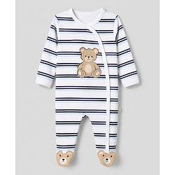 Bonfino 100 % Cotton Knit Yarn Dyed Full Sleeves Striped Teddy Print Sleep Suit with Caps & Bibs - White