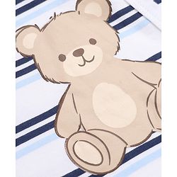Bonfino 100 % Cotton Knit Yarn Dyed Full Sleeves Striped Teddy Print Sleep Suit with Caps & Bibs - White