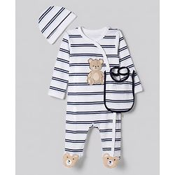 Bonfino 100 % Cotton Knit Yarn Dyed Full Sleeves Striped Teddy Print Sleep Suit with Caps & Bibs - White
