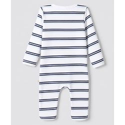 Bonfino 100 % Cotton Knit Yarn Dyed Full Sleeves Striped Teddy Print Sleep Suit with Caps & Bibs - White