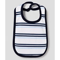 Bonfino 100 % Cotton Knit Yarn Dyed Full Sleeves Striped Teddy Print Sleep Suit with Caps & Bibs - White
