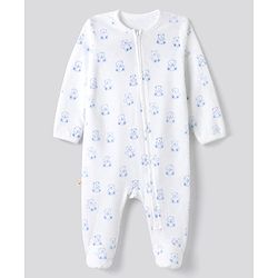 Bonfino 100% Cotton Knit with Full Sleeves Striped Sleep Suits with Bear Print Pack of 3 - White & Light Blue
