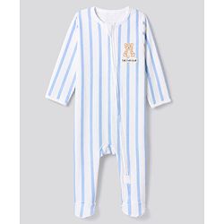 Bonfino 100% Cotton Knit with Full Sleeves Striped Sleep Suits with Bear Print Pack of 3 - White & Light Blue