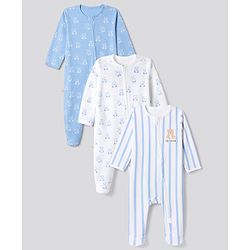 Bonfino 100% Cotton Knit with Full Sleeves Striped Sleep Suits with Bear Print Pack of 3 - White & Light Blue