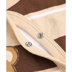 Bonfino 100% Cotton Yarn Dyed Knit Full Sleeves Striped Sleep Suit with Cap & Bib with Teddy Bear Print & Applique - Brown