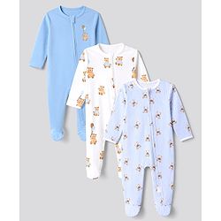 Bonfino 100% Cotton Knit Full Sleeves Striped Sleep Suits with Teddy Bear Print Pack of 3 - Light Blue White