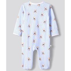Bonfino 100% Cotton Knit Full Sleeves Striped Sleep Suits with Teddy Bear Print Pack of 3 - Light Blue White