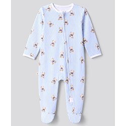 Bonfino 100% Cotton Knit Full Sleeves Striped Sleep Suits with Teddy Bear Print Pack of 3 - Light Blue White