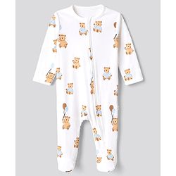 Bonfino 100% Cotton Knit Full Sleeves Striped Sleep Suits with Teddy Bear Print Pack of 3 - Light Blue White