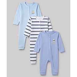 Bonfino 100% Cotton Yarn Dyed Knit Full Sleeves Striped Rompers with Bear Print Pack of 3 - Light Blue White & Blue