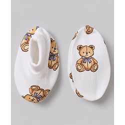 Bonfino 100% Cotton Knit Full Length Full Sleeves Romper with Bib and Booties with Teddy Bear Print - White