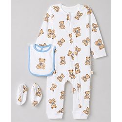 Bonfino 100% Cotton Knit Full Length Full Sleeves Romper with Bib and Booties with Teddy Bear Print - White