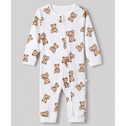 Bonfino 100% Cotton Knit Full Length Full Sleeves Romper with Bib and Booties with Teddy Bear Print - White