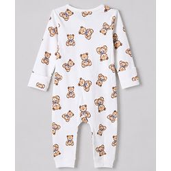 Bonfino 100% Cotton Knit Full Length Full Sleeves Romper with Bib and Booties with Teddy Bear Print - White