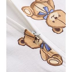 Bonfino 100% Cotton Knit Full Length Full Sleeves Romper with Bib and Booties with Teddy Bear Print - White
