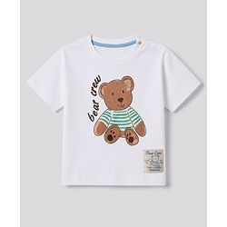 Bonfino 100% Cotton Knit T-Shirt with Half Sleeves and Bear Print in White