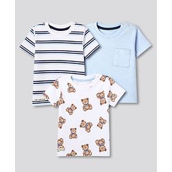 Bonfino 100% Cotton Knit Yarn Dyed Striped T-Shirts with Half Sleeves and Bear Print Pack of 3 - White Light Blue