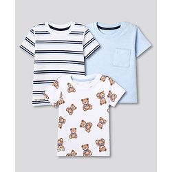 Bonfino 100% Cotton Knit Yarn Dyed Striped T-Shirts with Half Sleeves and Bear Print Pack of 3 - White Light Blue
