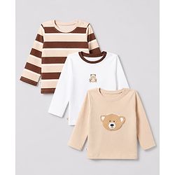 Bonfino 100% Cotton Knit Full Sleeves T-Shirts with Bear Applique in Beige Brown Pack of 3