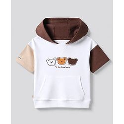 Bonfino 100% Cotton Knit Half Sleeves Drop Shoulder Oversized Color Blocked Hooded T-Shirt & Shorts Set with Bears Print - White & Brown