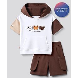 Bonfino 100% Cotton Knit Half Sleeves Drop Shoulder Oversized Color Blocked Hooded T-Shirt & Shorts Set with Bears Print - White & Brown