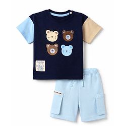 Bonfino 100% Cotton Knit Half Sleeves T-Shirt and Shorts Set With Bear Embroidery - Navy Blue