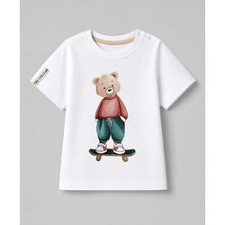 Bonfino 100% Cotton Knit Drop Shoulder Oversized Half Sleeves T-Shirt With Bear Print on Front & Back And Cargo Style Shorts Sets - White & Beige