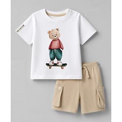 Bonfino 100% Cotton Knit Drop Shoulder Oversized Half Sleeves T-Shirt With Bear Print on Front & Back And Cargo Style Shorts Sets - White & Beige
