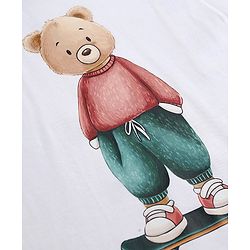Bonfino 100% Cotton Knit Drop Shoulder Oversized Half Sleeves T-Shirt With Bear Print on Front & Back And Cargo Style Shorts Sets - White & Beige