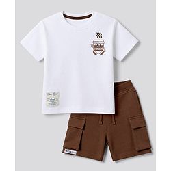 Bonfino 100% Cotton Knit Half Sleeves Drop Shoulder Oversized T-Shirt and Short with Cargo Pockets and Front & Back Coffee Cup Print & Bear Patch - Brown & White
