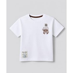 Bonfino 100% Cotton Knit Half Sleeves Drop Shoulder Oversized T-Shirt and Short with Cargo Pockets and Front & Back Coffee Cup Print & Bear Patch - Brown & White