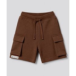 Bonfino 100% Cotton Knit Half Sleeves Drop Shoulder Oversized T-Shirt and Short with Cargo Pockets and Front & Back Coffee Cup Print & Bear Patch - Brown & White