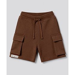 Bonfino 100% Cotton Knit Half Sleeves Drop Shoulder Oversized T-Shirt and Short with Cargo Pockets and Front & Back Coffee Cup Print & Bear Patch - Brown & White