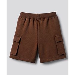 Bonfino 100% Cotton Knit Half Sleeves Drop Shoulder Oversized T-Shirt and Short with Cargo Pockets and Front & Back Coffee Cup Print & Bear Patch - Brown & White