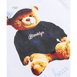 Bonfino 100% Cotton Knit Half Sleeves T-Shirt & Striped Cargo Shorts Set With Bear Print - White & Light Blue