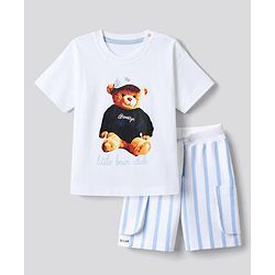 Bonfino 100% Cotton Knit Half Sleeves T-Shirt & Striped Cargo Shorts Set With Bear Print - White & Light Blue