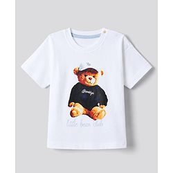 Bonfino 100% Cotton Knit Half Sleeves T-Shirt & Striped Cargo Shorts Set With Bear Print - White & Light Blue