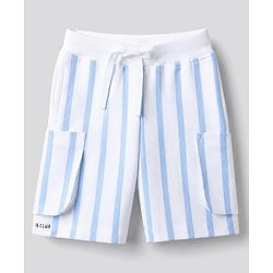 Bonfino 100% Cotton Knit Half Sleeves T-Shirt & Striped Cargo Shorts Set With Bear Print - White & Light Blue