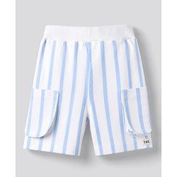 Bonfino 100% Cotton Knit Half Sleeves T-Shirt & Striped Cargo Shorts Set With Bear Print - White & Light Blue