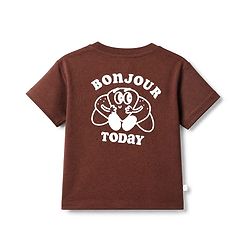 Bonfino Cotton Knit Drop Shoulder Oversized Half Sleeves T-Shirt & Shorts Set with Croissant Print - Brown