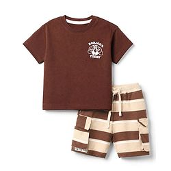 Bonfino Cotton Knit Drop Shoulder Oversized Half Sleeves T-Shirt & Shorts Set with Croissant Print - Brown