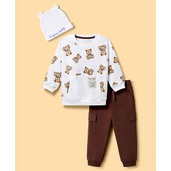 Bonfino 100% Cotton Knit Full Sleeves Drop Shoulder Oversized T-Shirt & Jogger with Cargo Pockets and Cap with Teddy Bear Print & Patch - Brown & White