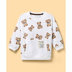 Bonfino 100% Cotton Knit Full Sleeves Drop Shoulder Oversized T-Shirt & Jogger with Cargo Pockets and Cap with Teddy Bear Print & Patch - Brown & White