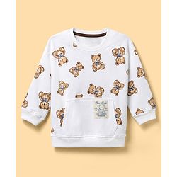 Bonfino 100% Cotton Knit Full Sleeves Drop Shoulder Oversized T-Shirt & Jogger with Cargo Pockets and Cap with Teddy Bear Print & Patch - Brown & White